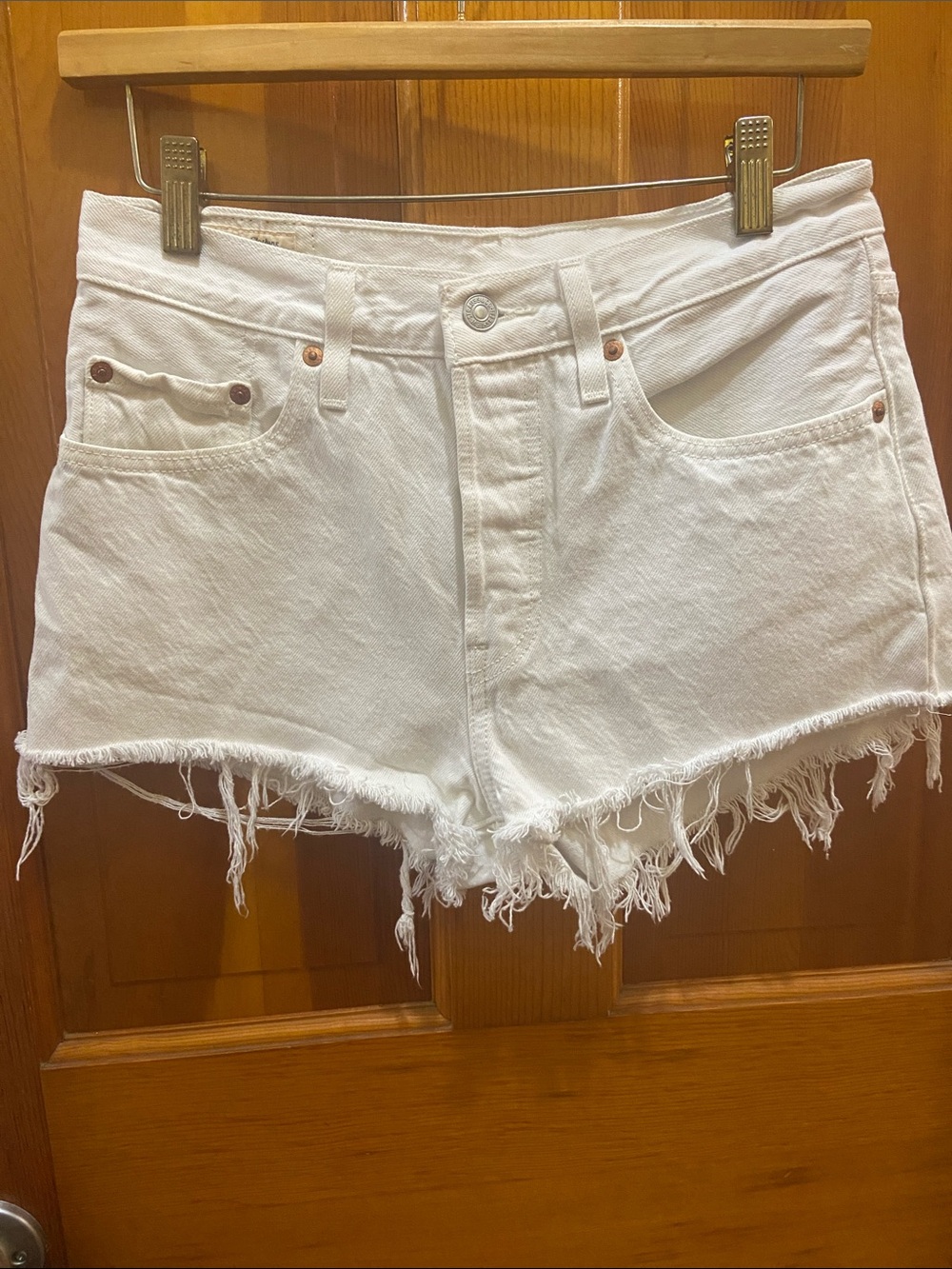 Levi's White Distressed Frayed Hem Denim Shorts